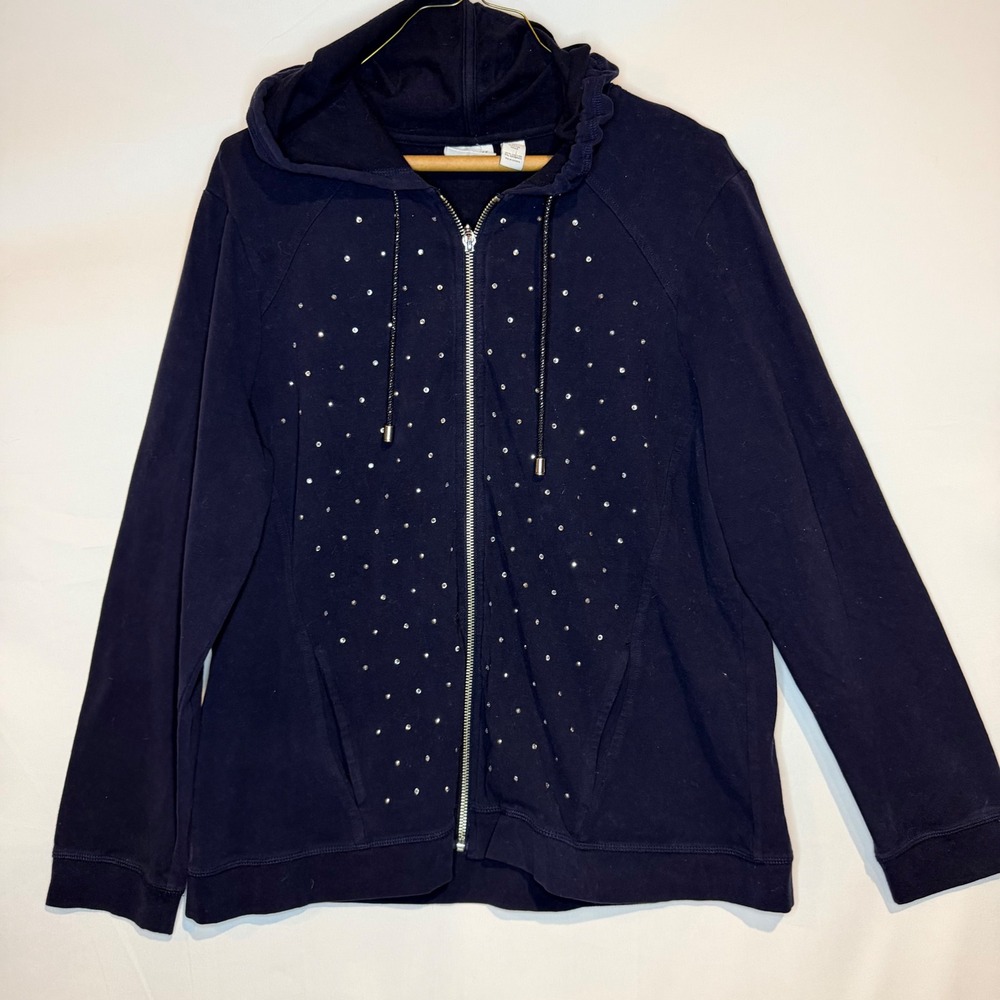 Chico's Zenergy Navy Blue Rhinestone Full Zip Hoodie Sweatshirt Size 2 L